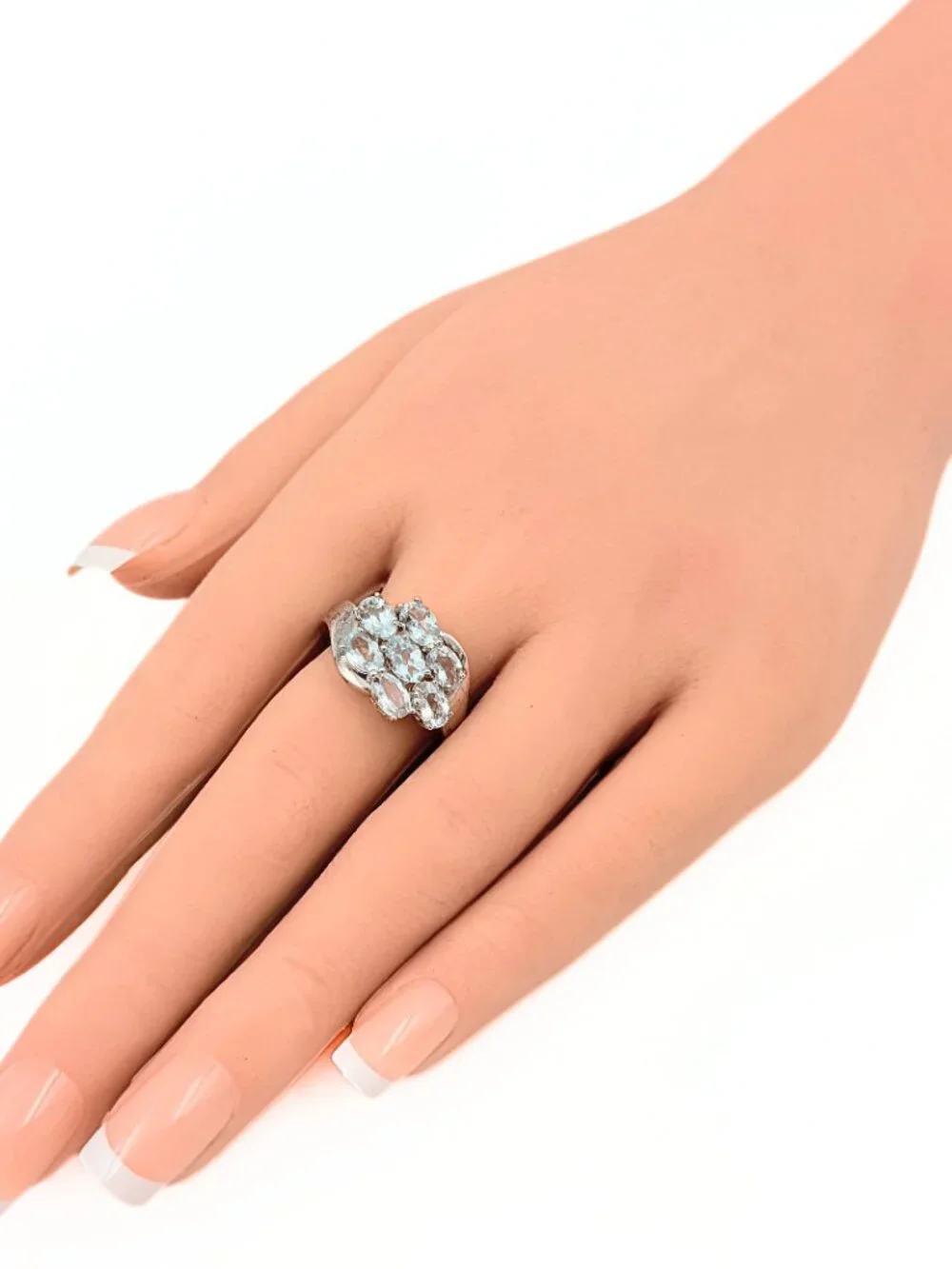 Dainty Marked Sterling Silver 7 Stone Aquamarine Cluster Ring Sz 9.75